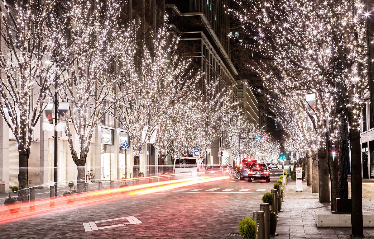 Holiday lights on city street. Energy-efficient holidays.